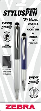 Zebra Telescopic Stylus Pen, Ballpoint, 1.0mm, Black Ink, Slate Grey and Midnight Blue, 2-Pack (33602)