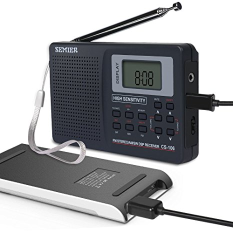 SEMIER Portable Shortwave Travel AM FM stereo Radio with Clock, Alarm, Clear Loudspeaker, Earphone Jack and USB Power Cord (Power Bank Not Included)