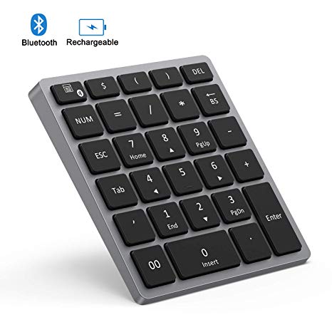 Bluetooth Numeric Keypad Rechargeable, Jelly Comb Portable Wireless Bluetooth 28-Key Number Pad with Multiple Shortcuts for Tablet, Laptop, Notebook, PC, Desktop and More (Grey)
