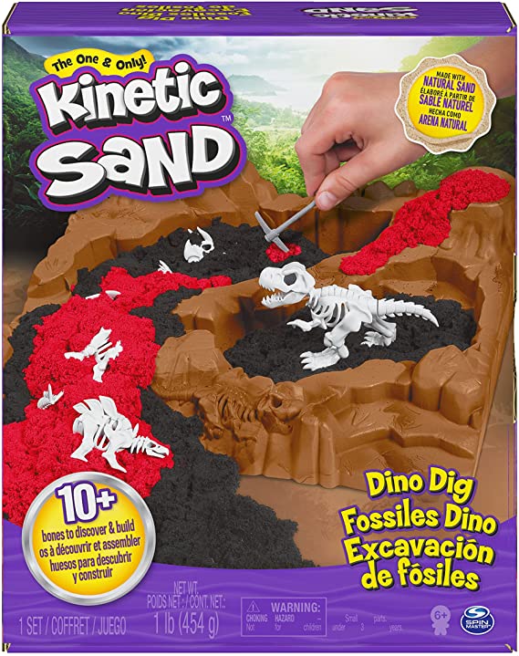 Kinetic Sand, Dino Dig Playset with 10 Hidden Dinosaur Bones, Play Sand Sensory Toys for Kids Aged 6 and up