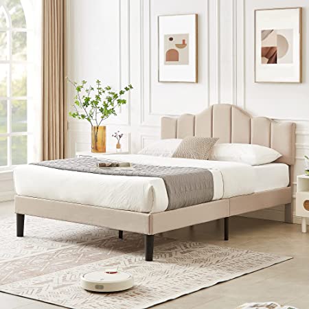 VECELO Full Upholstered Platform Bed Frame,Mattress Foundation with Height Adjustable Tufted Headboard,Strong Wood Slat Support, No Box Spring Needed,Champagne Beige