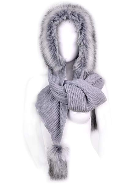 Futrzane Women Hooded Scarf Hat Knitted Wool Faux Fox Fur Long Warm