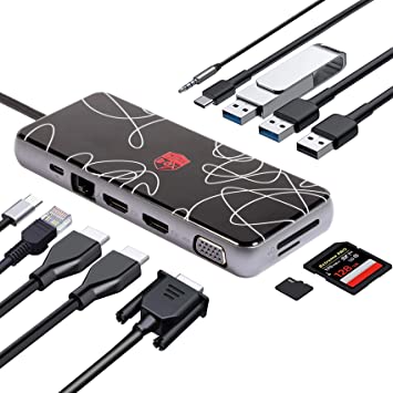 Mirabox USB C Docking Station 12-in-1 USB3.1 Type C Triple Display with 4K HDMI,1080P VGA, USB3.0,Ethernet,100W PD,USB-C Data Port and SD/TF for MacBookPro/Air(Thunderbolt 3) and Other USB-C Laptops