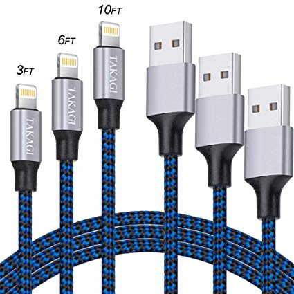 TAKAGI Phone Charger 3Pack(3FT 6FT 10FT) Extra Long Nylon Braided Compatible Fast Charging Cable High Speed Data Sync Cord Connector with Phone X/8/7/Plus/6S/6/SE/5S/5C/Mini/Air