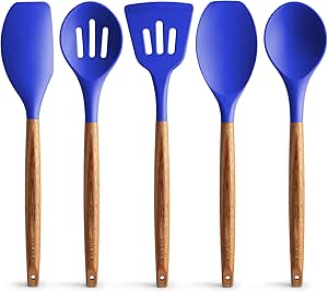 Zulay Kitchen Utensils Set Non-Stick Silicone Cooking Utensils Set with Authentic Acacia Wood Handles - 5 Piece Silicone Utensil Set -Silicone Kitchen Utensils Set with 464°F Heat Resistance-Dark Blue