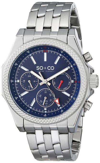 SO&CO New York Men's 5003.3 Monticello Quartz Chronograph Day and Date Blue Dial Stainless Steel Link Bracelet Watch