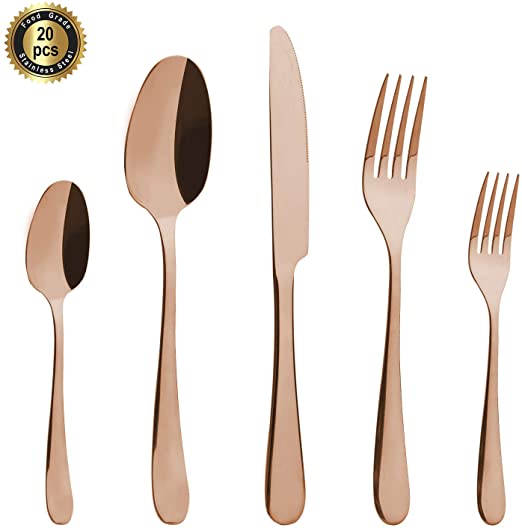 Hoften Silverware Set, 20 Piece Rose Gold Stainless Steel Utensils Include Forks Spoon Knife Flatware for Daily Use Parties and Family Dinners, Service for 4, Dishwasher Safe (HJ001-RG)