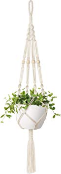 Mkono Macrame Plant Hanger Indoor Outdoor Hanging Planter Basket Cotton Rope with Beads 4 Legs 41 Inch