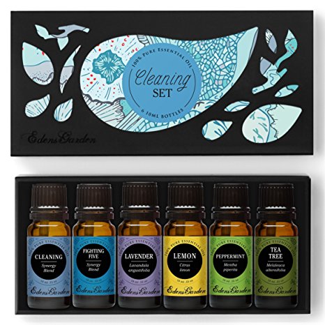 Cleaning Essential Oil Set 100% Certified Pure Therapeutic Grade Aromatherapy Kit- 6/ 10 ml (Cleaning, Fighting Five, Lavender (Bulgarian), Lemon, Peppermint and Tea Tree) by Edens Garden