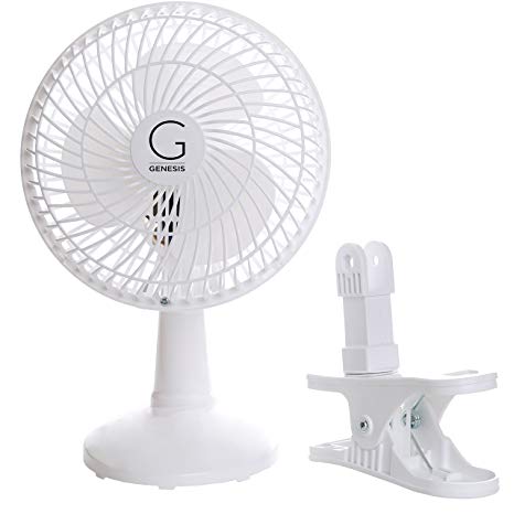 Genesis 6-Inch Clip Convertible Table-Top & Clip Fan Two Quiet Speeds - Ideal for The Home, Office, Dorm, More White