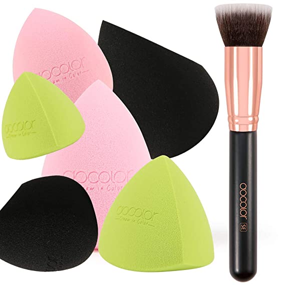 Docolor 6 1Pcs Liquid Foundation Brush with Makeup Sponges, Flat Top Foundation Synthetic Kabuki Brush & Professional Beauty Makeup Sponge Blender for Liquid Blending Mineral Powder Makeup Tools