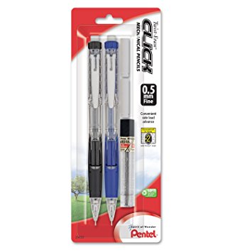 Pentel Twist Erase CLICK  Automatic Pencil with 2 Eraser Refills and Lead, 0.5mm, Assorted Barrels, Color May Vary,  2 Pack (PD275TLEBP2)