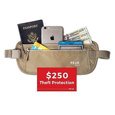 PEAK Gear Money Belt with RFID Block, 2x Global Recovery Tags, Undercover Hidden Travel Wallet and Waist Stash - Beige