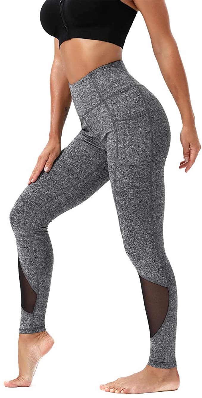 Kipro Women's Yoga Pants with Pockets High Waist Mesh Leggings Tummy Control 4 Way Stretch Workout Leggings