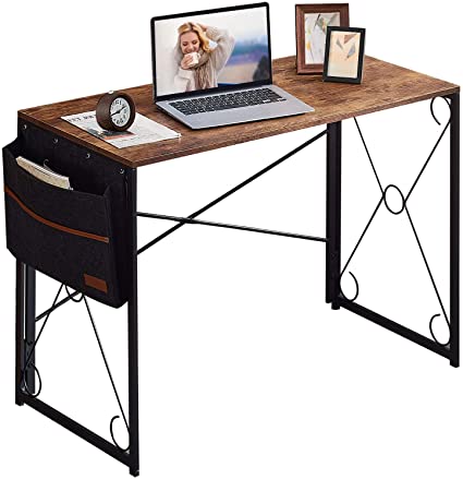 VECELO Computer Folding Desk,Modern Industrial Home Office Sturdy Steel Writing Laptop Table with Storage Bag, 39.3 x 19.7 in, Rustic Brown