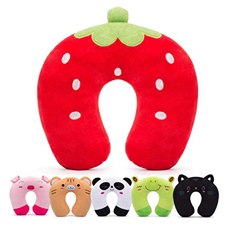 HOMEWINS Travel Pillow for Kids Toddlers - Soft Neck Head Chin Support Pillow, Cute Animal, Comfortable in Any Sitting Position for Airplane,Car,Train,Machine Washable,Children Gift (Strawberry)
