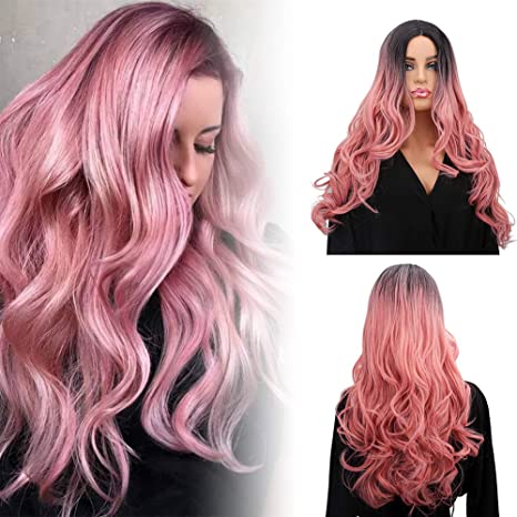 Women's Long Curly Fancy Dress Wigs Ombre Pink Cosplay Costume Ladies Wig Party Free Wig Cap (Ombre Rose Pink)