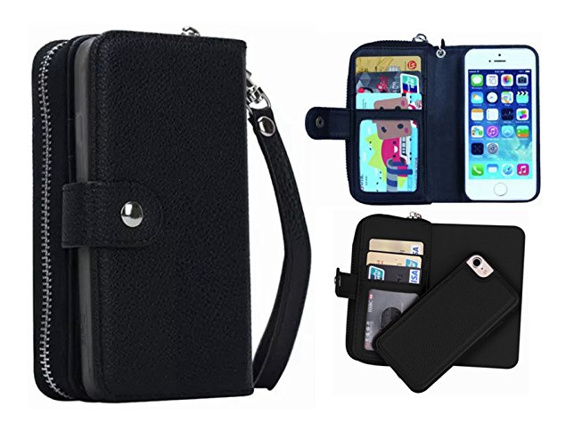 iPhone 5/5S/SE Wallet Case, Hynice iPhone 5/5S/SE Wallet Purse Case Leather Zipper Case with credit card slots and Magnetic Detachable Slim Cover for iPhone 5/5S/SE (Litchi-black)