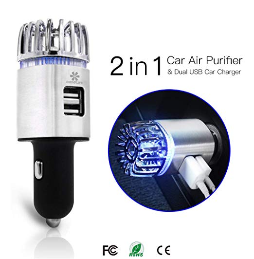 Exemplife Car Air Purifier, Freshener Adapter with 2 USB Ports,Car Air Ionizer Remove Smoke, Bad Smell and Odors,Keep The Air in Car Fresh,Silver