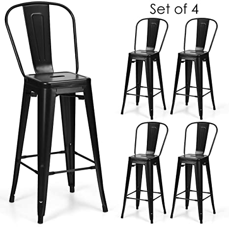 COSTWAY Metal Bar stools Set of 4, with Removable Back, Cafe Side Chairs with Rubber Feet, Stylish and Modern Chairs, for Kitchen, Dining Rooms, and Side Bar (Black-Update, 30'')