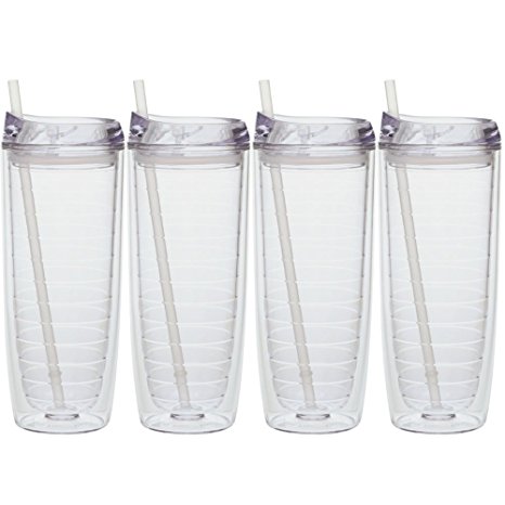 Culver Cool Cup Double Walled Insulated Tall Tumbler with Lid and Straw, 20-Ounce, Clear, Set of 4