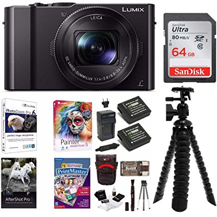 Panasonic LUMIX LX10 20.1MP Leica DC Optical Zoom Digital Camera   64GB Class 10 UHS-1 SDXC Memory Card, battery kit, 10" flexible tripod, and Software Bundle