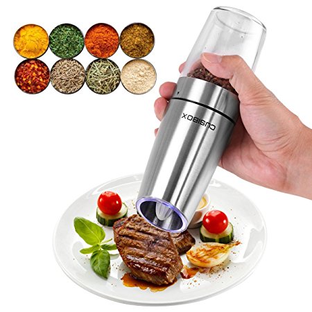 Gravity Electric Pepper Salt Grinder, CUSIBOX Electric Stainless Steel Peppercorn Salt Shaker Grinder with Adjustable Grind Coarseness, Battery Powered with Blue LED Light