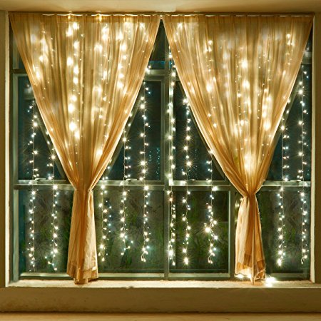 Leapair Curtain Lights 300LED 9.8 x 9.8Ft (3M x 3M) 8 Modes Warm White 3000K Outdoor/Indoor Fairy String Light Led Window Curtain Light for Christmas Xmas Wedding Party Home Decoration with Memory Function