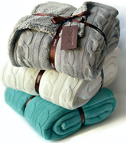 Cable Knit Sherpa Oversized Throw Reversible Blanket Faux Sheepskin Lined Cozy Cotton Blend Sweater Knitted Afghan in Grey White or Turquoise Blue (Grey)