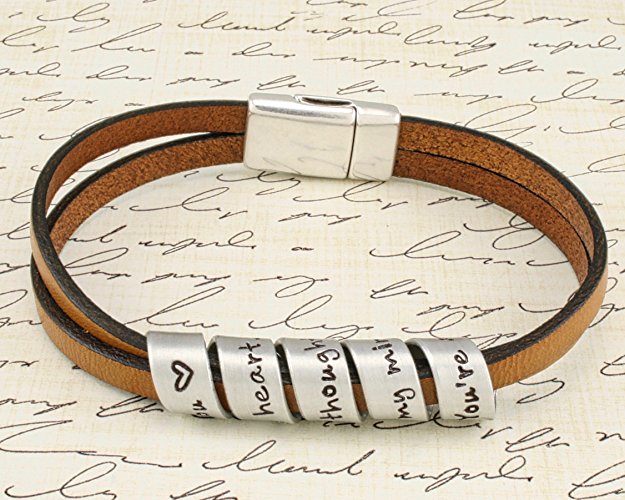 Secret Message spiral stamped bracelet - Your favorite quote or message - Brown - Hand stamped aluminum/leather bracelet with magnetic clasp. Custom made for you.