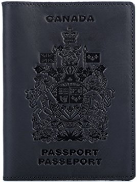 Shvigel Passport Cover - 100% Genuine Leather - Arms of Canada Embossing - for Men & Women - Passeport Holder - Modern Travel Document Case (Black Vintage)