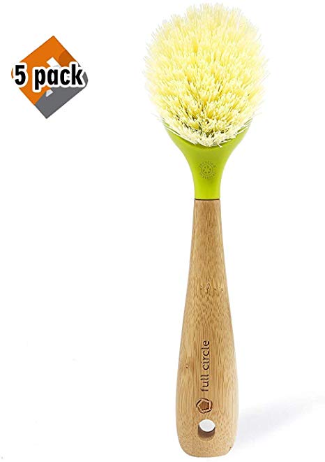 Full Circle Be Good Kitchen Dish Brush with Bamboo Handle, Single Brush, Green 5 Pack