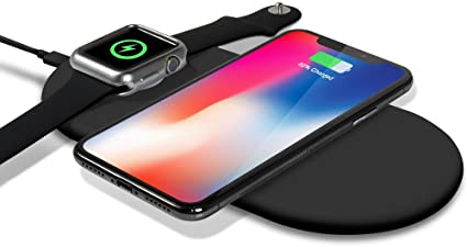 Smartwatch Charging Station Charger, top4cus Phone Wireless Charging Pad, Ultra Slim 2 in 1 Qi Fast Wireless Charging Docking Stand Compatible iPhoneXS/XR/X/8/8plus iWatch Series 5/4/3/2/1, Samsung Android - Black