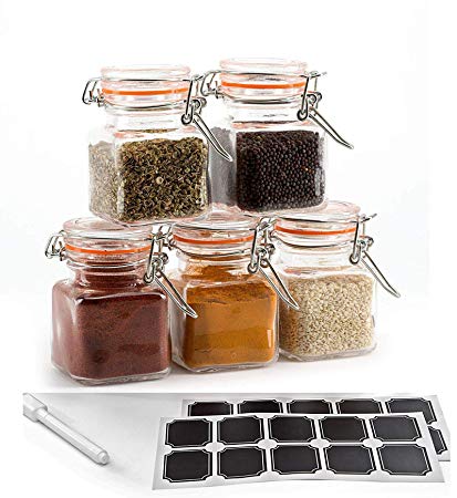 12 Pack - 3.4 Ounce Mini Square Glass Spice Jar with Orange Flip-Top Gasket, Airtight Clear Storage Jars, with REUSABLE labels and Pen by Premium Vials