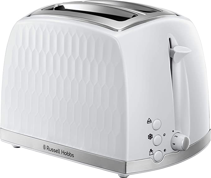 Russell Hobbs 26060 2 Slice Toaster - Contemporary Honeycomb Design with Extra Wide Slots and High Lift Feature, White