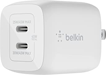 Belkin 45W Dual USB Type C Wall Charger, Fast Charging Power Delivery 3.0 with GaN Technology for iPhone 13, 12, Pro, Pro Max Mini, iPad Pro 12.9, 11, MacBook, Galaxy S22, Plus, Ultra, Tab and More