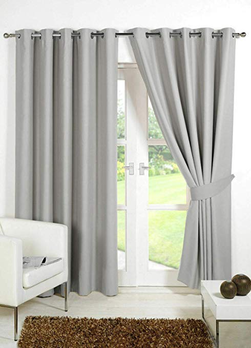 SILVER GREY FAUX SILK LINED CURTAINS WITH EYELET RING TOP 66" Width x 72" Drop by VICEROY BEDDING