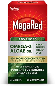 Omega-3 Advanced Algae Oil 600mg Softgels, MegaRed (50 Count in a Bottle), Omega-3’s for Heart, Joints, Brain & Eye Health*, EPA, DHA, Algae Oil, Vegetarian (Water is The only Substance Used.)