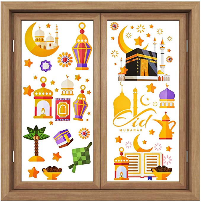 Zonon 80 Pieces Ramadan Window Clings Eid Mubarak Window Stickers Static Ramadan Kareem Window Decals Removable Window Cling Decorations for Ramadan Mubarak Party Classroom Supply, 9 Sheets