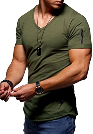 TS Men's V Neck Shirt Tee Solid Short Sleeve Casual Workout