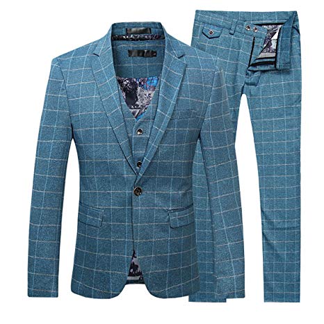 Cloudstyle Men's Suit Plaid Modern Fit 3-Piece Suit Center Vent Blazer Jacket Tux Vest & Trousers