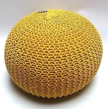 Millhouse Knitted Pouffe Footstool Bean Filled Cotton for Living room or bedroom (60cm, Yellow)