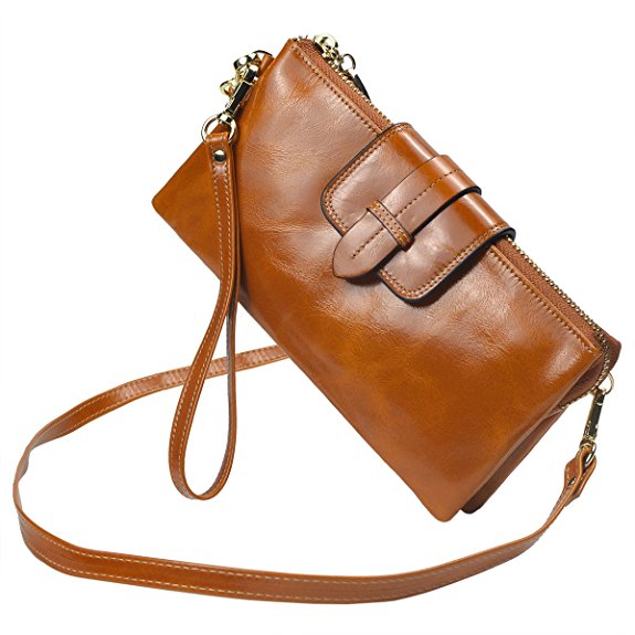 Bveyzi Women's Leather Smartphone Wristlet Clutch Wallet with Shoulder Strap