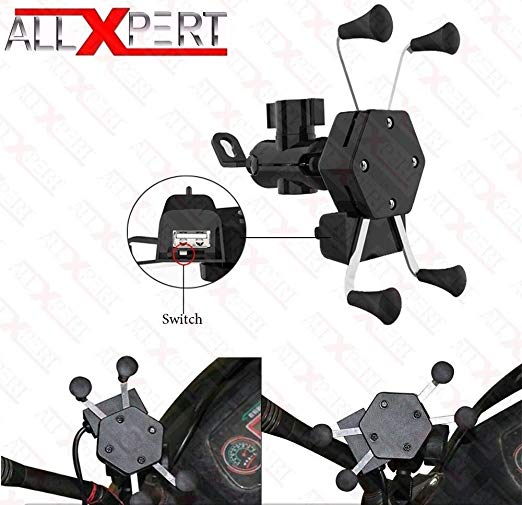 Allxpert AL-12 X-Grip Bike Mobile Charger & Phone Holder Version 2 for All Bikes Scooters (5V-2A Black)