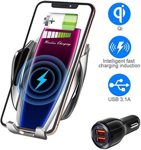 Wireless Charger Car Touch Sensing Automatic Retractable Clip Fast Charging Compatible for iPhone Xs Max/XR/X/8/8Plus Samsung S9/S8/Note 8 (Matte Silver)
