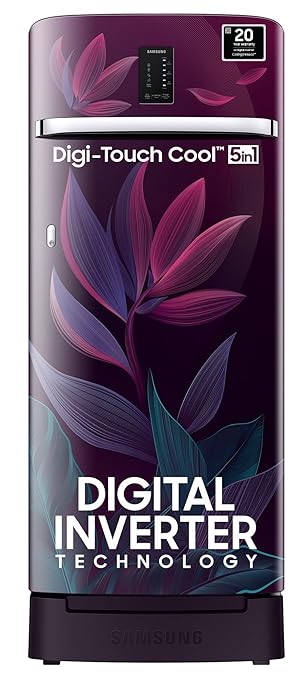 Samsung 215 L, 4 Star, Digi-Touch Cool with Display, Digital Inverter Direct-Cool Single Door Refrigerator (RR23D2F349R/HL,Red,Paradise Bloom Purple, Base Stand Drawer, 2024 Model)