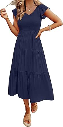 MEROKEETY Women's Flutter Sleeve Smocked Midi Dress V Neck Casual Tiered Dresses with Pockets