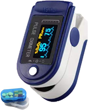 Fingertip Pulse Oximeter with OLED Colour Display - Blue - with Carrying Case, Lanyard and Batteries   Free Pill Box (FDA Approved)