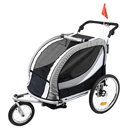 Clevr Deluxe 3-in-1 Double 2 Seat Bicycle Bike Trailer Jogger Stroller for Kids Children | Foldable Collapsible w/Pivot Front Wheel