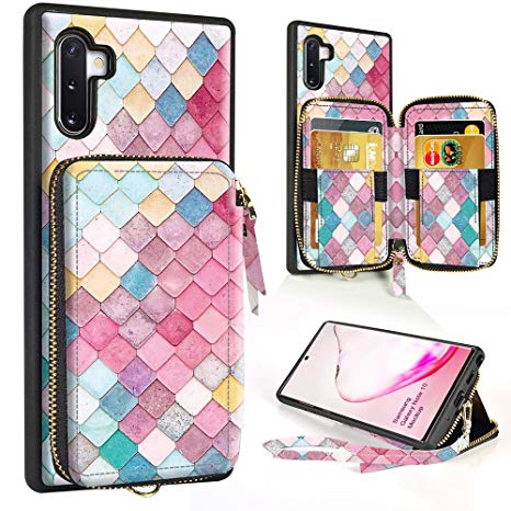 ZVE Wallet Case for Samsung Galaxy Note 10 Samsung Note10 Case with Credit Card Holder Zipper Wallet Case Handbag Purse Wrist Strap Case Cover for Samsung Galaxy Note 10(2019), 6.3 inch -Mermaid Wall